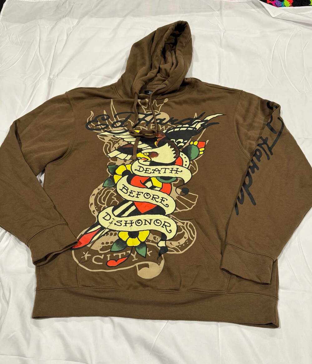 Y2K 2000’s Ed Hardy Death Before Dishonor Mocha Brown Pullover Hoodie